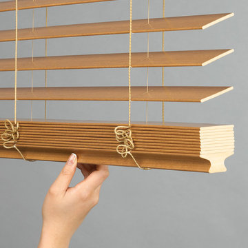 EverWood® alternative wood blinds opened