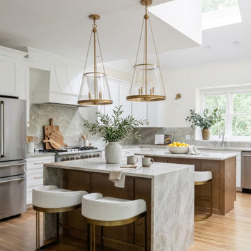 Transitional Kitchen with Waterfall Stone Island