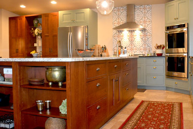 Eat-in kitchen - large transitional u-shaped ceramic tile and beige floor eat-in kitchen idea in Other with an undermount sink, beaded inset cabinets, dark wood cabinets, granite countertops, multicolored backsplash, mosaic tile backsplash, stainless steel appliances and an island