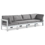 Meridian Furniture - Nizuc Water Resistant Patio Modular Straight Sofa, Gray, 4-Piece: 2 Armless Chair, 2 Corner Chair, White Aluminum Frame - Pick and choose your favorites from the Nizuc collection to create a modular seating group the whole gang will enjoy. The sturdy aluminum frame provides dependable support for friends and family as they relax and unwind, and the resilient grey water resistant fabric stands up to the elements without losing its beautiful demeanor, so you can count on it lasting for the long haul. Latches beneath these seating pieces help you easily attach them to one another for convenient setup.