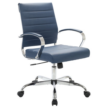 Benmar Mid-Back Swivel Leather Office Chair With Chrome Base, Navy Blue