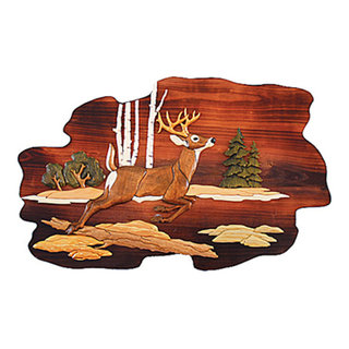 Jumping Deer Hand Crafted Intarsia Wood Art Wall Hanging 26 X 18 X