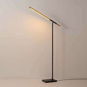 Port Floor Lamp, Matte Black, Natural Ash Wood Finish, Touch Dimmer Switch