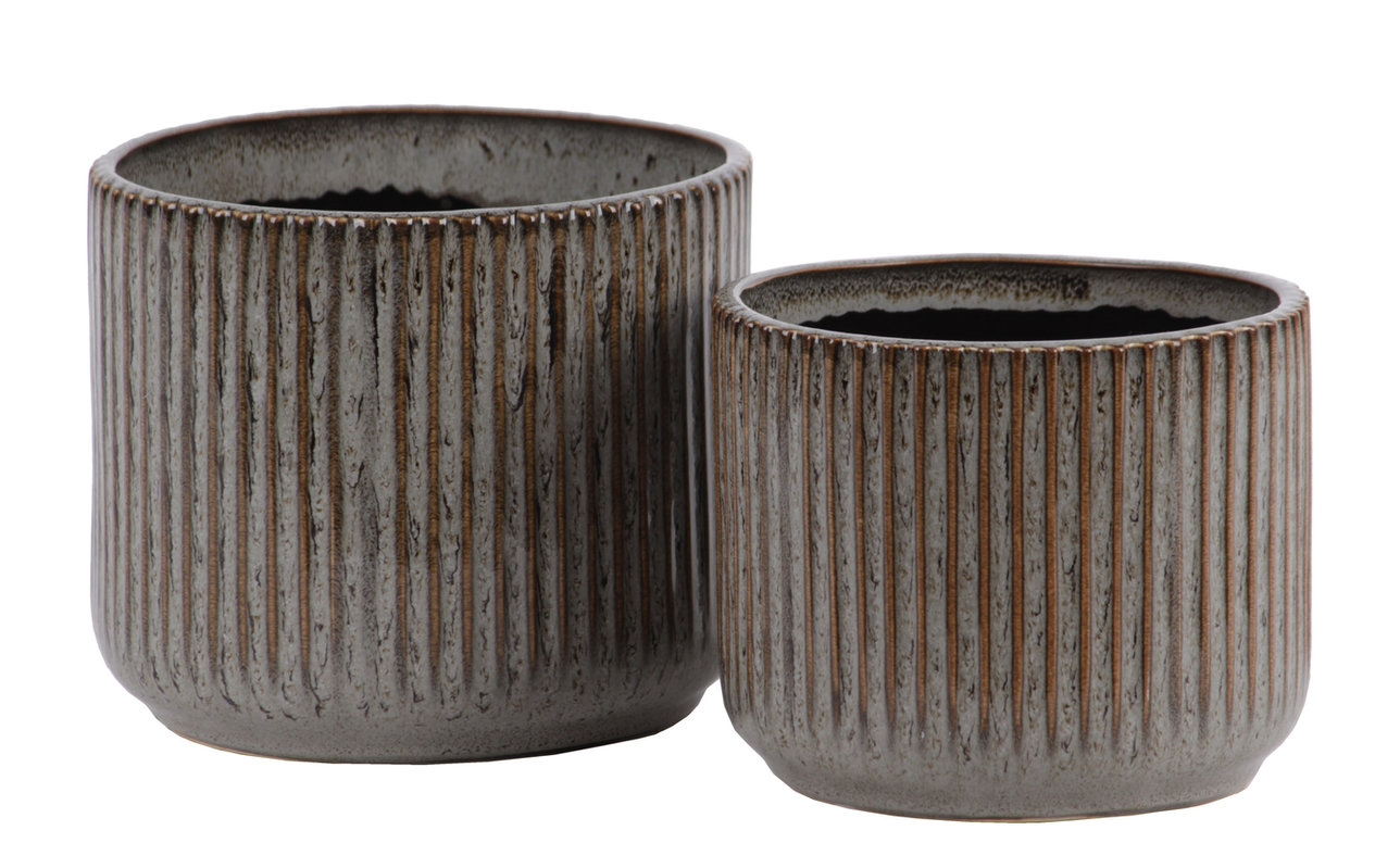Designer Ribbed Pots Ribbed Patterned Ceramic Pot With Tapered Bottom, Glossy Gray, Set of 2 ...