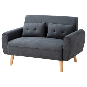 Retro Loveseat, Angled Wooden Legs & Padded Seat With Rounded Arms, Dark Gray