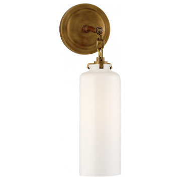 Bathroom Wall Sconce, 1-Light Cylinder, Hand-Rubbed  Brass, White Glass, 16.25"H