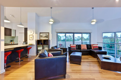 Mittelgroßes Modernes Wohnzimmer im Loft-Stil mit weißer Wandfarbe, Betonboden, Tunnelkamin, Kaminumrandung aus Metall, freistehendem TV und grauem Boden in Canberra - Queanbeyan