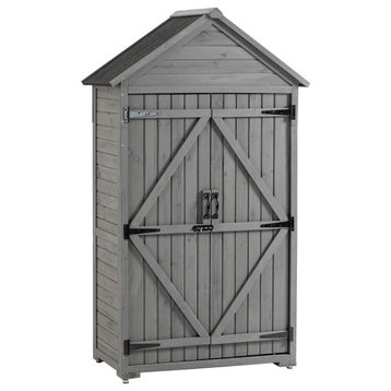 Outdoor Wood Storage Shed for Tools, With Shelf and Latch, Gray