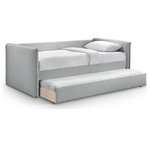 Meridian Furniture - Colton Linen Textured Fabric Upholstered Daybed, Gray - Add this Colton grey linen textured fabric twin daybed to any room where you need additional seating and sleeping space. Upholstered in soft grey durable linen textured fabric, it features a twin daybed with a convenient twin trundle. The rolling trundle can accommodate up to an 8" thick mattress, serving dual purposes as storage space or an additional sleeping area. With its contemporary design, this daybed seamlessly combines versatility and style, making it an essential piece for maximizing comfort and functionality anywhere, including bedrooms and dorm rooms.
