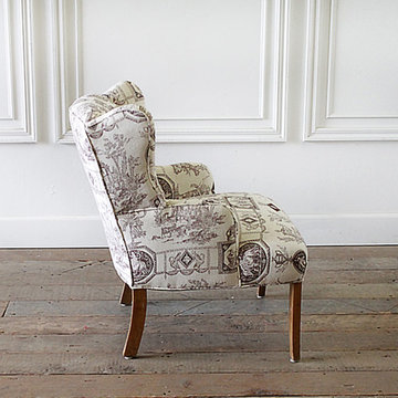 Vintage Petite Wing Chair Upholstered in Brown Toile Fabric
