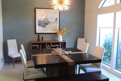 Large trendy porcelain tile kitchen/dining room combo photo in Dallas with white walls and no fireplace