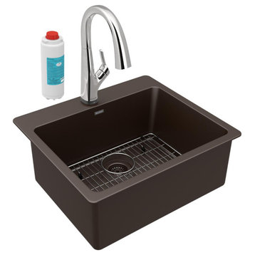 Quartz Classic 25" Single Bowl Drop-in Sink Kit With Filtered Faucet, Mocha