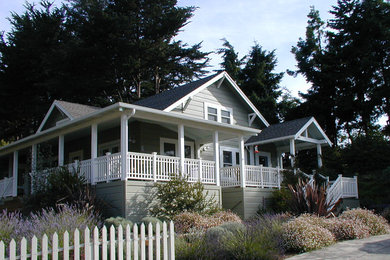 Mid-sized elegant gray one-story mixed siding gable roof photo in San Francisco