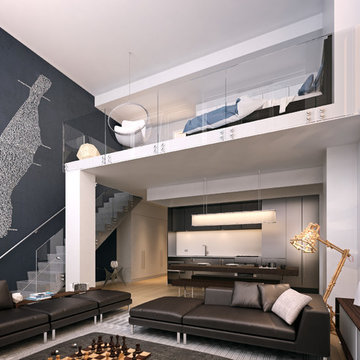 Urban Luxury Condominium Open Living Area with Sleeping Loft, Glass Staircase