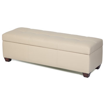 Genuine Leather Storage Bench In Bone Color, Tufted Ottoman, Bed Chest, King