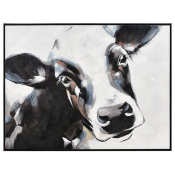 Framed Hand Painted Charming Dairy Cow Acrylic Painting on Canvas for Farmhouse