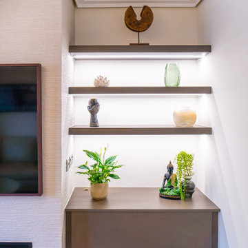 Contemporary Living Room designed for movie watching with bespoke cabinetry