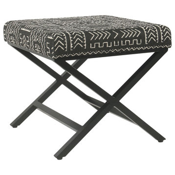 Benzara Fabric Upholstered Ottoman with X Shape Metal Legs, Black and Cream