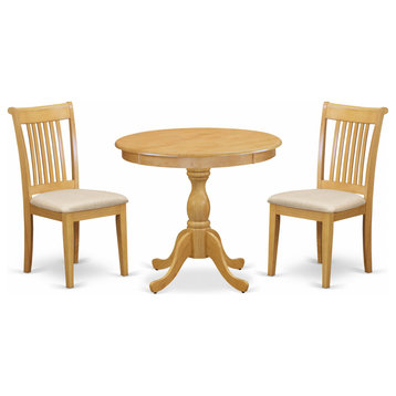 3 Pc Dining Set, 1 Dining Table, 2 Oak Room Chair, Slatted Back, Oak Finish