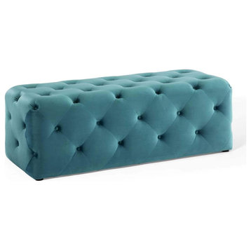 Mid Century Bench, Velvet Upholstery With Elegant Button Tufting, Sea Blue