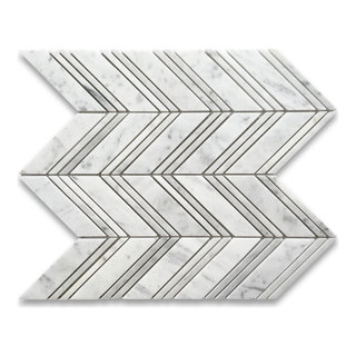 Chevron Mosaic Tile Carrara White Carrera Venato Marble Polished 1x4, 1  sheet - Modern - Wall And Floor Tile - by Stone Center Online