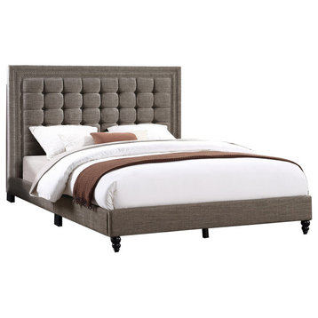 Fabric Upholstered Bed With Button Tufted Headboard, Brown, Full