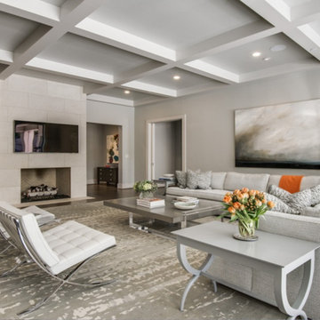 Transitional Family Room with Coffered Ceilings