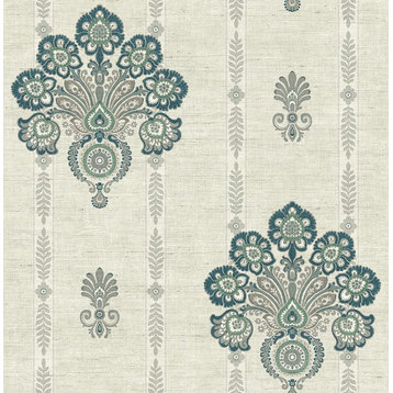 Striped Floral Damask Wallpaper in Teal IM71404 from Wallquest