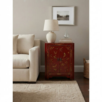 Vintage Style Red Cabinet Gold Butterfly Motifs End Table Nightstand ws5006