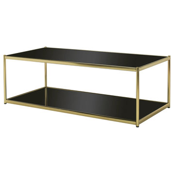 Elegant Coffee Table, Shiny Metal Frame With Glass Top and Shelf, Gold/Black