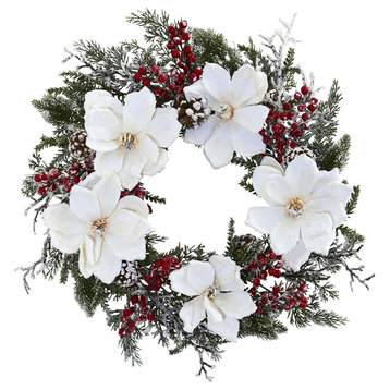 22" Snowed Magnolia & Berry Wreath
