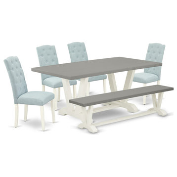 6-Piece Set, 4 Chairs, Wooden Legs Table and Wooden Bench, Linen White