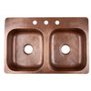 Angelico Copper 33" Double Bowl Drop-In Kitchen Sink With 3 Hole