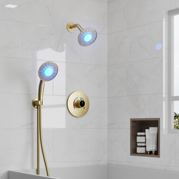 Pressure Balance Shower Faucet Set 3 Colors LED Shower Head With Rough-in Valve, Brushed Gold, 5"