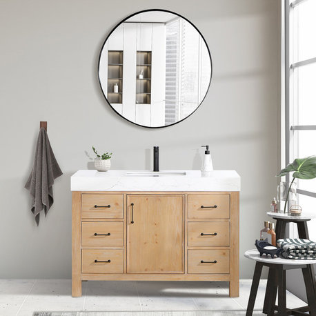 Leon Bath Vanity With Composite Stone Top, Fir Wood Brown, 48", No Mirror