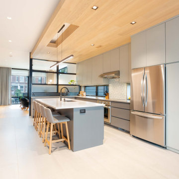 Sleek Scandinavian-Inspired Kitchen with Floating Oak Ceiling Detail