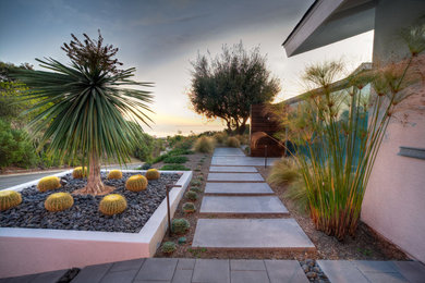 Large contemporary side yard partial sun xeriscape in Orange County with a garden path and concrete pavers.