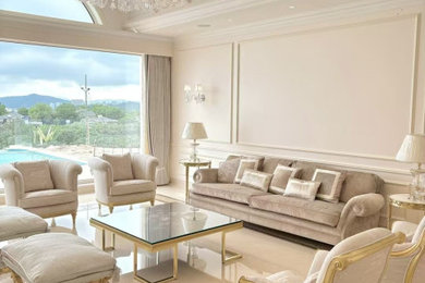 Inspiration for a huge transitional formal and enclosed marble floor, multicolored floor, coffered ceiling and shiplap wall living room remodel in Other with white walls, a standard fireplace, a stone fireplace and no tv