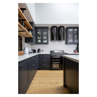 Kitchen with hand painted Glass panel doors - Transitional - Kitchen ...