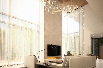 Стильный дизайн: большая двухуровневая гостиная комната в белых тонах с отделкой деревом в современном стиле с горизонтальным камином, фасадом камина из бетона и деревянным потолком - последний тренд