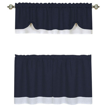 Darcy Window Curtain Tier and Valance Set, 58"x24"/58"x14", Navy/White