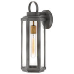 HInkley - Hinkley Danbury Medium Wall Mount Lantern, Aged Zinc - A mixed metal composition and hexagonal shape ensure that Danbury is updated and on trend, even if the silhouette is unmistakably traditional. Heritage Brass accents draw the eye inside while the Aged Zinc cage and signature loop on top are reminicent of a classic lantern style. Clear glass easily makes a vintage filament bulb a focal point in the durable aluminum frame.