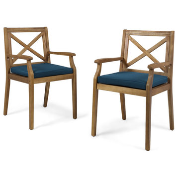 GDF Studio Peter Outdoor Acacia Wood Dining Chair, Set of 2, Teak/Blue Cushion