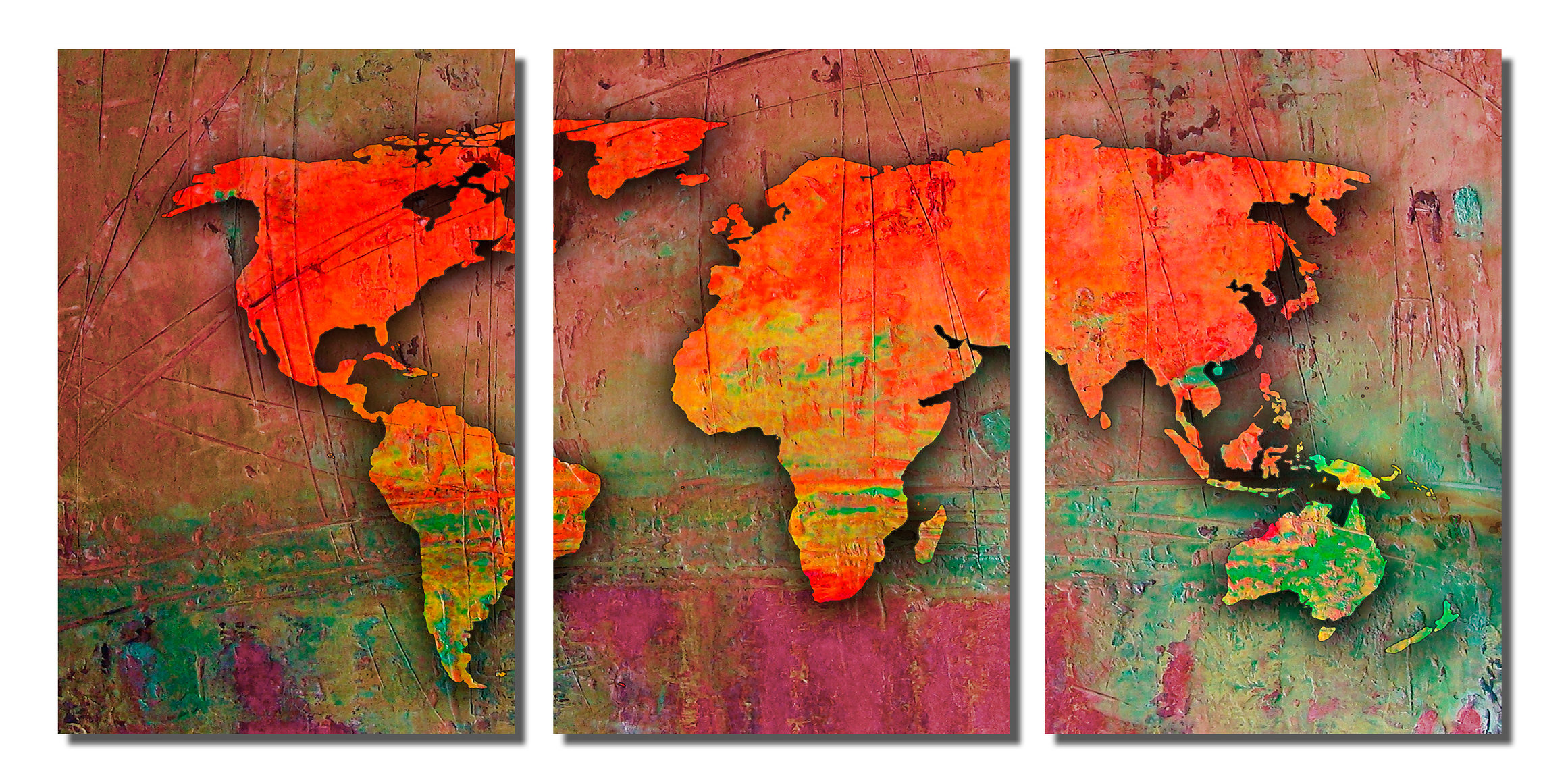 Abstract World Map Metal Print, 3 Panel Split, Triptych Wall Art, 36x18 ...