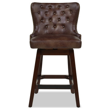 Holmes 27" Tufted High-Back 360 Swivel Counter-Height Barstool, Mid Brown Faux Leather