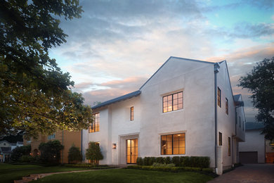 Large transitional beige two-story exterior home photo in Houston