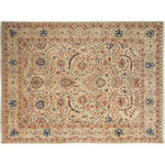 Bareens Designer Rugs - Shabby Chic Ziegler Rolanda Tan Blue Hand-Knotted Wool Rug - 8'0'' x 9'10'' - Enhance the ambiance of your home with this magnificent Persian-influenced Turkish hand-knotted rug made by skilled artisans capable of creating the most exceptional vegetable dyes and hand-spun wool. This exquisite handmade rug is a one-of-a-kind Peshawar Kafkaz, otherwise identified as Chobi, Chobi Peshawar, Oushak, or Ziegler rug. These handmade rugs are crafted in Pakistan utilizing superior-quality wool imported from Australia, New Zealand, and Korea in two types of weaves: the Persian weave and the Mori weave. This rug is meticulously crafted by hand using the finest natural vegetable dyes extracted from local plants. The artisans use a blend of hand-spun local and fine merino wool, resulting in a rug with a compelling texture, higher lanolin content, and longer staple. The artisans occasionally incorporate natural or artificial silk into the pile to enhance specific motifs. The finished product is an awe-inspiring execution of flawless design and an understated palette that exudes elegance.