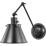 Progress Lighting - Hinton Collection Black Swing Arm Wall Light - Enjoy focused task lighting with the industrial demeanor of this one-light swing arm wall bracket. A metal shade is ready to provide you with focused task light wherever illumination is called upon. The light fixture's signature adjustable arm is coated in a brushed nickel finish and makes this wall light a favorite choice for when you want to read your favorite novel before bed.