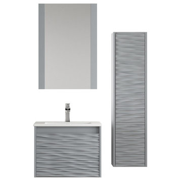 Floating Bathroom Vanity Set, Metal Grey, 24" With Sink, Mirror & Side Cabinet