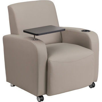 Guest Chair With Tablet Arm, Gray Leather With Casters, 41"x30"x35"